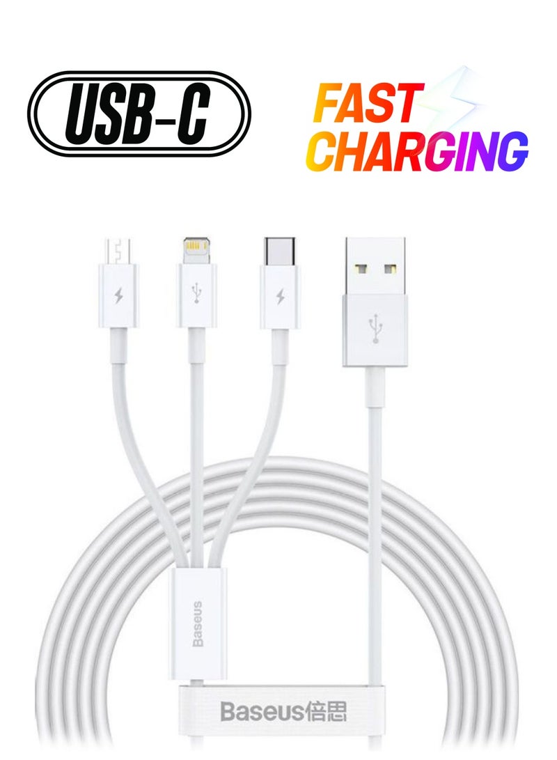 بيسوس كابل شحن سريع متعدد 3 في 1، بتصميم ذكي متوافق مع آيفون/ منفذ Type C/ مايكرو USB لأجهزة آيفون وآيباد ومنافذ مايكرو USB والهواتف الذكية Type C، يدعم الشحن السريع ومزود بعدد 3 منافذ أبيض - Image 1