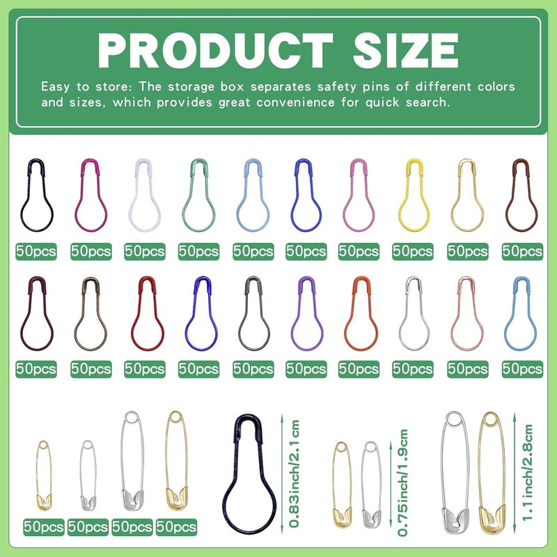 Mayboos 1200 Pcs 22 Colors Metal Safety Pins,Bulb Gourd Pins Pear Shaped Pins for Knitting Stitch Markers, Sewing Clothing DIY Craft Making with Storage Box - Image 2
