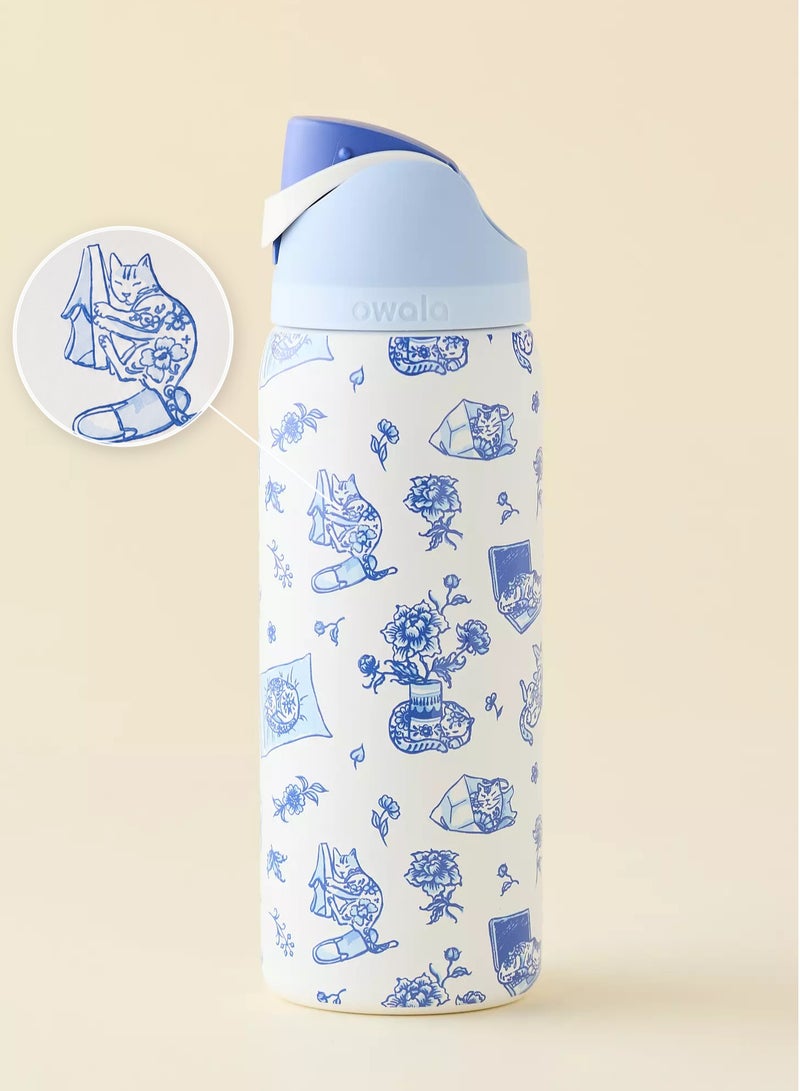 Owala （Delft Cat Print 32 oz）FreeSip Insulated Stainless Steel Water Bottle with Straw for Sports, Travel, and School BPA-Free Sports Water Bottle - Image 1