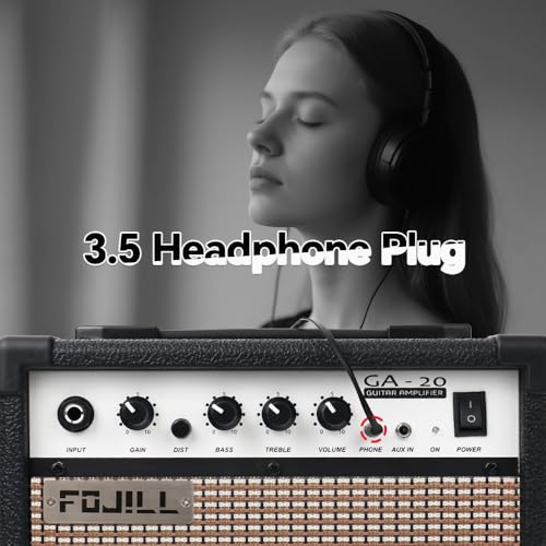 Fojill 20W Watt Electric Guitar Amplifier Amp Practice Small Portable Travel Mini Amp with 3.5 Headphone Jack Aux Distortion Gain Treble Bass Volume (Black, 20W) - Image 5