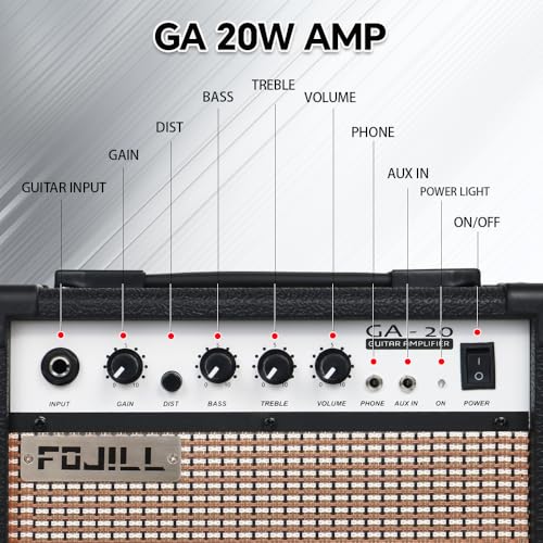 Fojill 20W Watt Electric Guitar Amplifier Amp Practice Small Portable Travel Mini Amp with 3.5 Headphone Jack Aux Distortion Gain Treble Bass Volume (Black, 20W) - Image 2