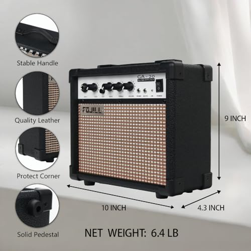 Fojill 20W Watt Electric Guitar Amplifier Amp Practice Small Portable Travel Mini Amp with 3.5 Headphone Jack Aux Distortion Gain Treble Bass Volume (Black, 20W) - Image 3