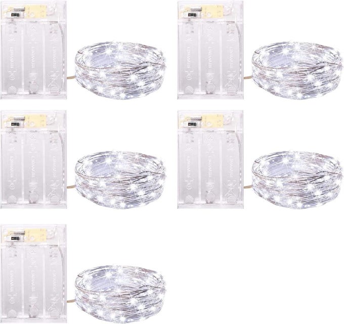 FAIRY LIGHTS BATTERY OPERATED 5 PACK 7 FT 20 LED STRING LIGHTS WITH TIMER WATERPROOF SILVER WIRE FAIRY LIGHTS FOR BEDROOM CHRISTMAS HOME PARTY WEDDING DECORATIONS PURE WHITE