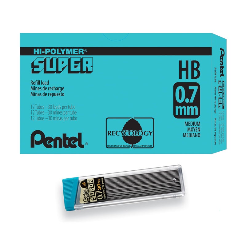 Pentel إعادة تعبئة قلم رصاص بنتل سوبر هاي بوليمر، (0.7 مم)، متوسط، HB، 12 أنبوب، 360 قطعة من الرصاص (C27-HB) - Image 1