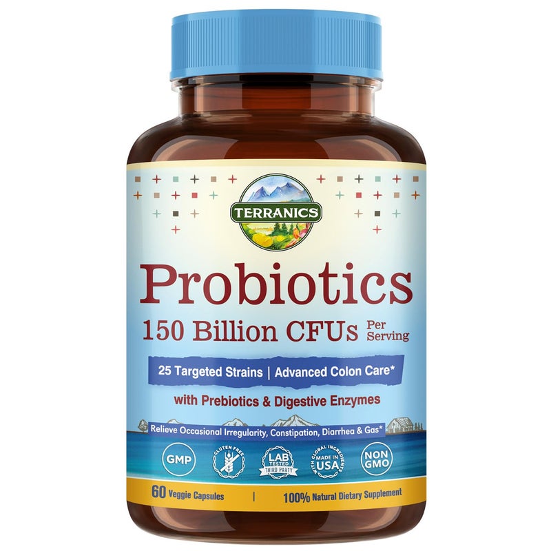 Terranics Daily Probiotics for Men Women 150 Billion 25 Strains Colon Care Probiotics with Prebiotics Enzymes Healthy Regularity Delayed Release Shelf Stable 60 Veggie Caps