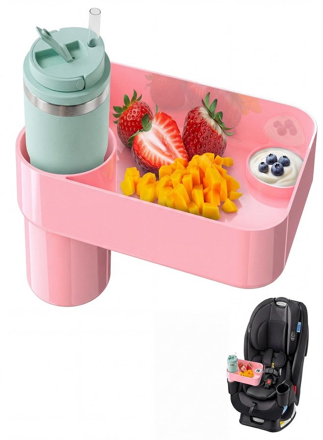 PPTSLID Toddler Car Seat Snack Tray - 3 Inch Cup Holder with Dip Well Fits Most Sippy Cups & Straw Bottles, Mess-Free Square Kids Travel Tray Road Trip Essentials, Pink - Image 1