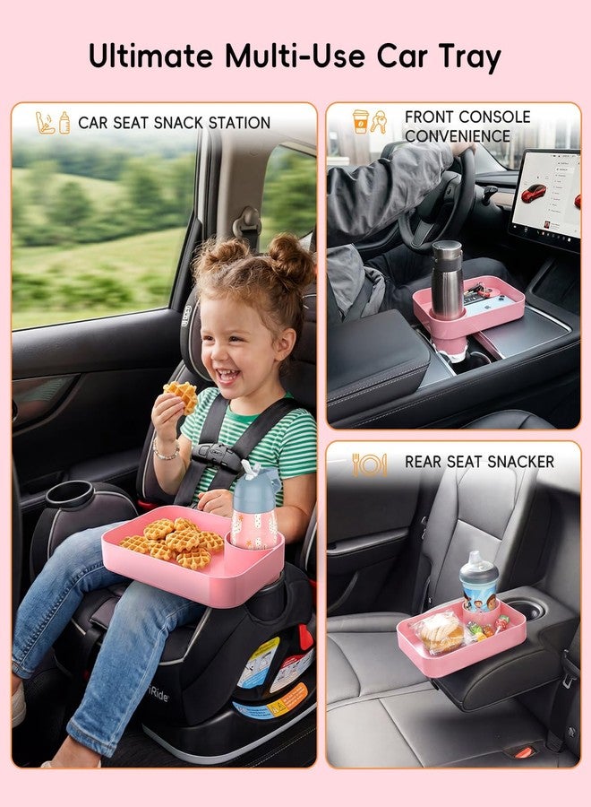 PPTSLID Toddler Car Seat Snack Tray - 3 Inch Cup Holder with Dip Well Fits Most Sippy Cups & Straw Bottles, Mess-Free Square Kids Travel Tray Road Trip Essentials, Pink - Image 3