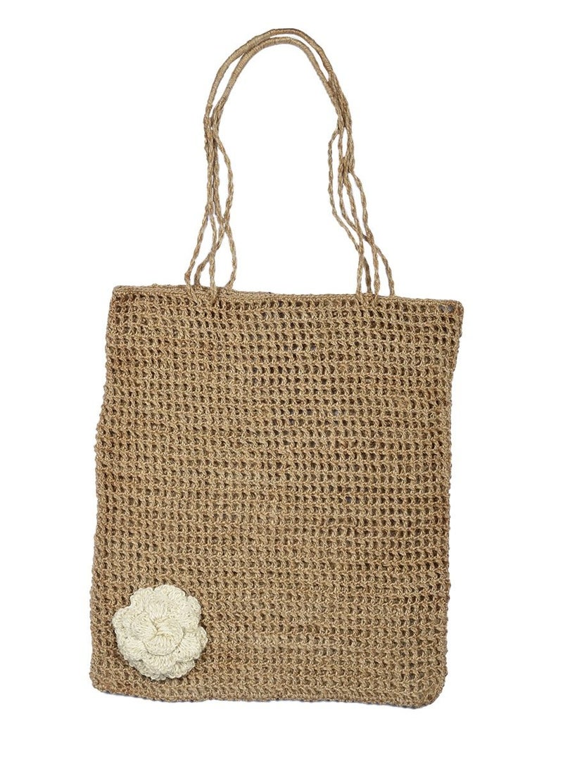 N & H N&H Women's Handwoven Crochet Ladies Shopping Bag with White Rose Embroidered Work  - Image 1
