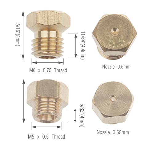 Timsec 20Pcs Brass Jet Nozzles, M6 x 0.75mm and M5 x 0.5mm Thread, 0.5mm and 0.68mm Nozzle Hole, DIY Burner Parts for Range, Stove, Oven Conversion Kit, Propane LPG Natural Gas Pipe Water Heater - Image 2