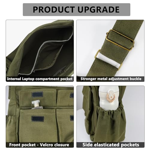 VODIU Canvas Messenger Bag Large Hobo Crossbody bags for Women,Men, Shoulder Tote Handbags with Laptop pocket Green - Image 2