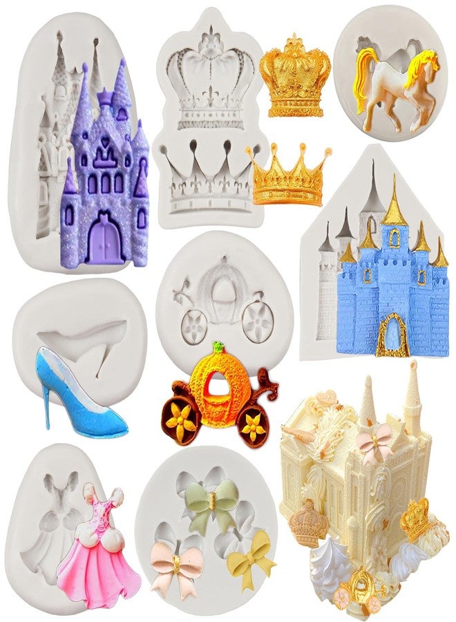 FCKEMLDS Cinderella Themed Fondant Mold Silicone Castle Crystal Shoes Pumpkin Carriage Crown Bow Chocolate Candy Mold For Cake Decorating Cupcake Topper Polymer Clay Gum Paste Set Of 8 - Image 1