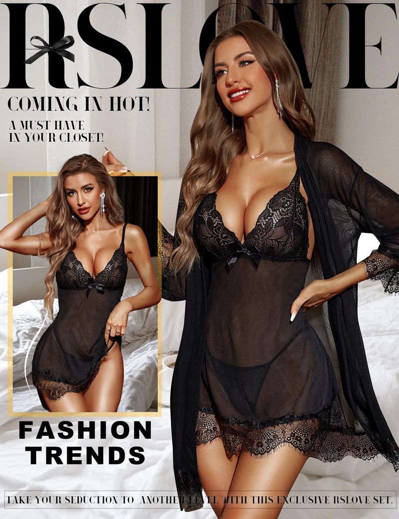 RSLOVE Women Sexy Lingerie Set 3 Piece Babydoll & Lace Kimono Robe Strap Chemise Sleepwear Mesh Nightgown Black L - Image 2