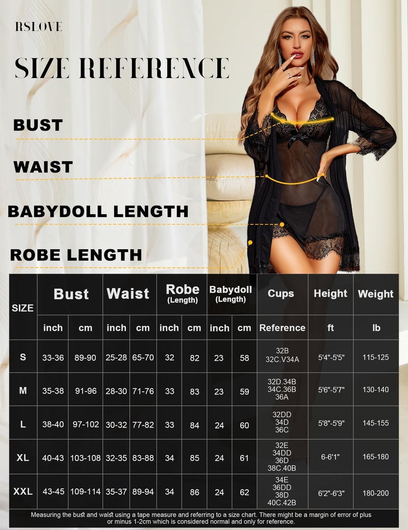RSLOVE Women Sexy Lingerie Set 3 Piece Babydoll & Lace Kimono Robe Strap Chemise Sleepwear Mesh Nightgown Black L - Image 5