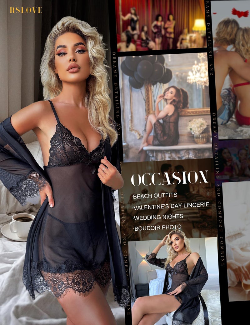 RSLOVE Women Sexy Lingerie Set 3 Piece Babydoll & Lace Kimono Robe Strap Chemise Sleepwear Mesh Nightgown Black L - Image 4
