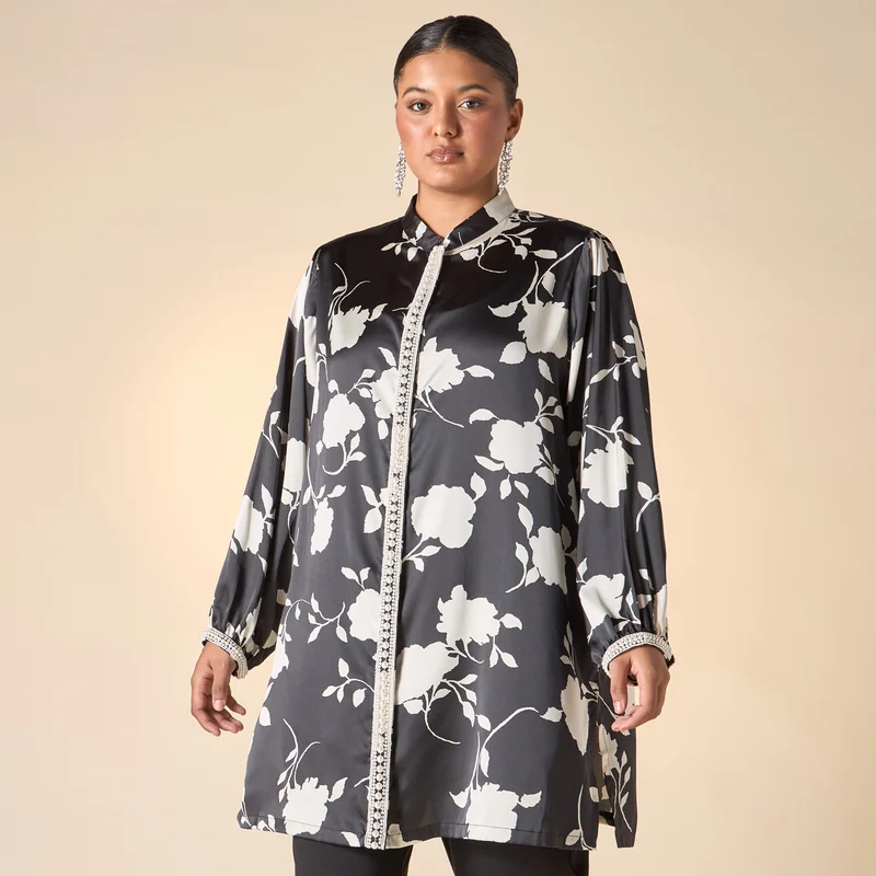 Ulla Popken Plus Size Ulla Popken Floral Print Shirt with Pearl Detail and Long Sleeves