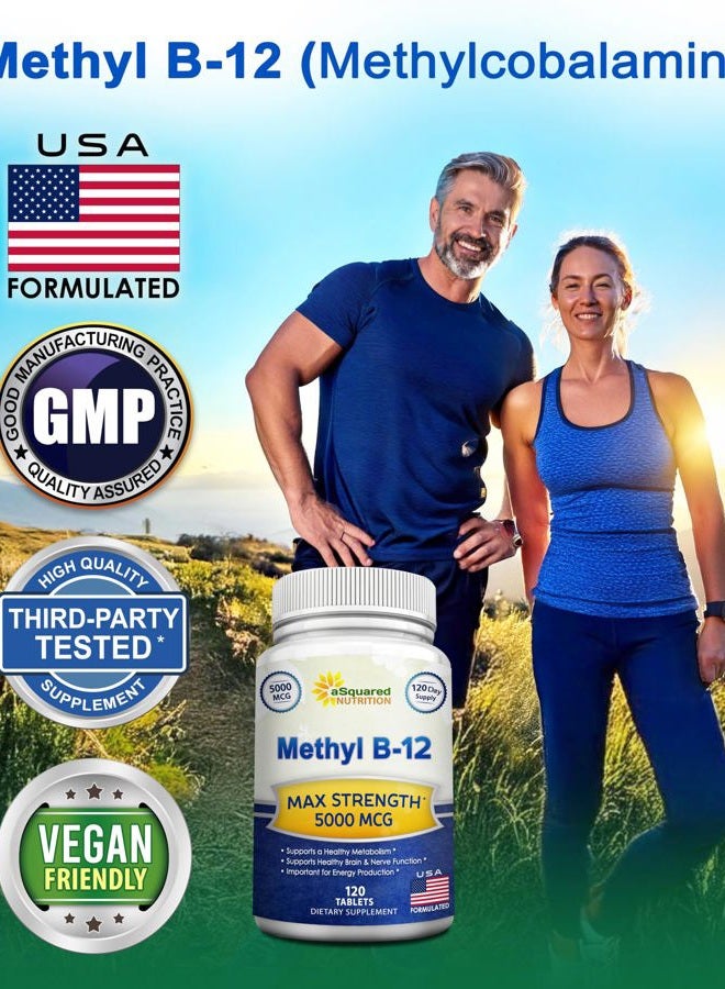aSquared Nutrition Vitamin B12-5000 MCG Supplement with Methylcobalamin (Methyl B-12) - Max Strength Vitamin B 12 Support to Help Boost Natural Energy, Benefit Brain & Heart Function - 120 Tablets - Image 4