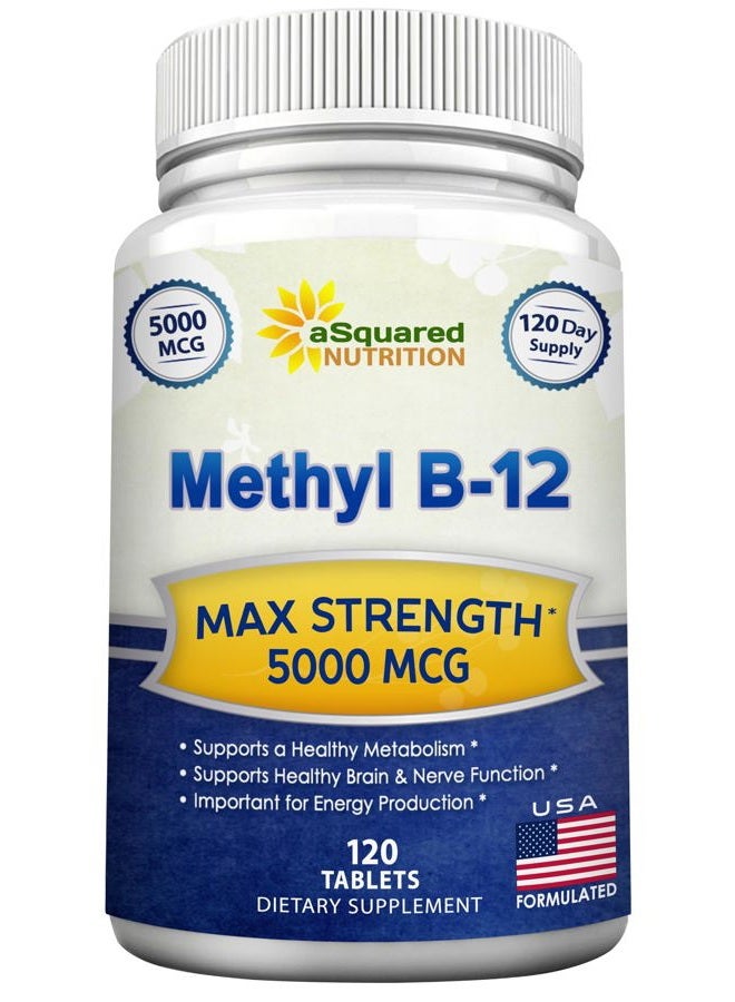 aSquared Nutrition Vitamin B12-5000 MCG Supplement with Methylcobalamin (Methyl B-12) - Max Strength Vitamin B 12 Support to Help Boost Natural Energy, Benefit Brain & Heart Function - 120 Tablets - Image 1