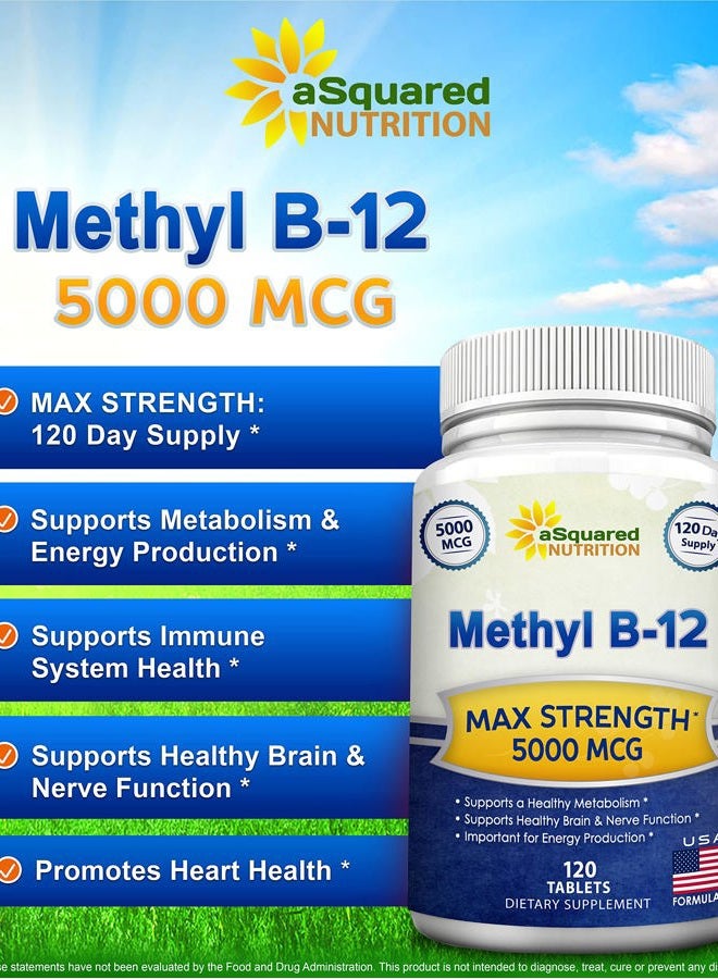 aSquared Nutrition Vitamin B12-5000 MCG Supplement with Methylcobalamin (Methyl B-12) - Max Strength Vitamin B 12 Support to Help Boost Natural Energy, Benefit Brain & Heart Function - 120 Tablets - Image 2