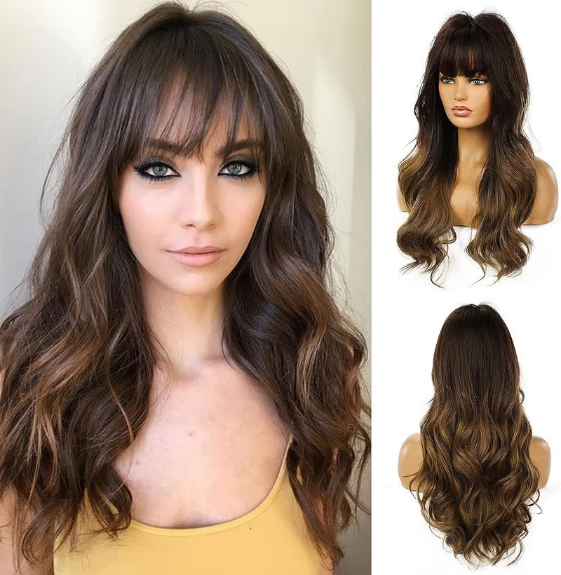 Esmee 24" Long Wig Synthetic Wigs for Women Dark Roots Long Wig with Bangs Brown Ombre Wavy Hair Heat Resistant Fibre for Daily Party Use.