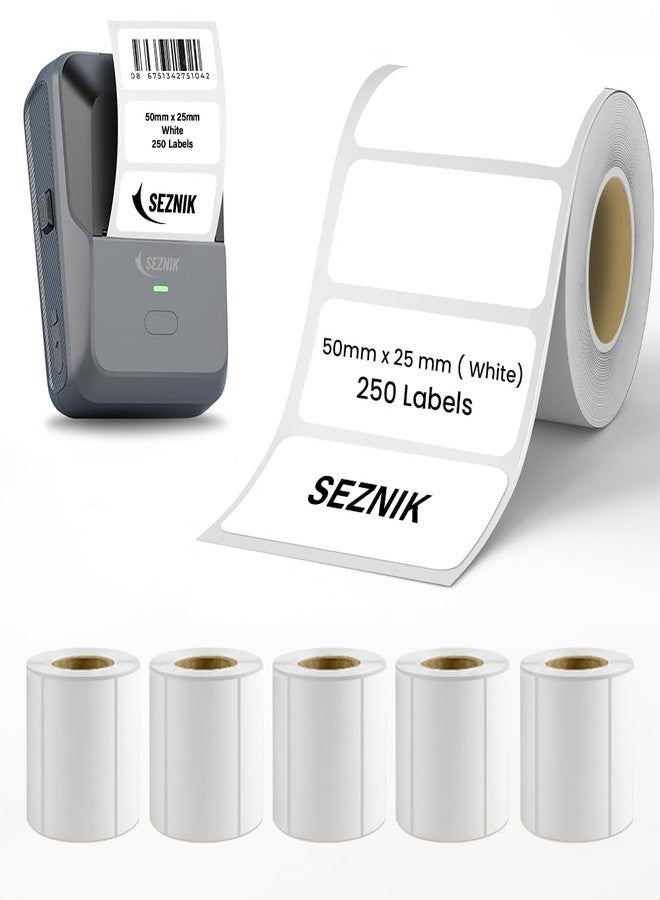SEZNIK Thermal Lables, 50mmx25mm Label Roll Paper, 2 inch Self-Adhesive Thermal Paper For Thermal Printer [Printer NOT Included] (White - 50mmx25mm - Thermal Label Roll-Pack Of 5), 250 Labels - Image 1