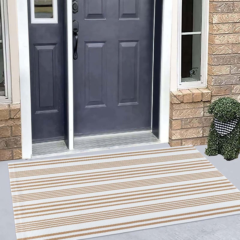 BUAGETUP Khaki and White Striped Outdoor Rug 24'' x 51'' Front Porch Rug Hand-Woven Machine Washable Indoor/Layered Door Mats for Entryway/Bedroom - Image 5