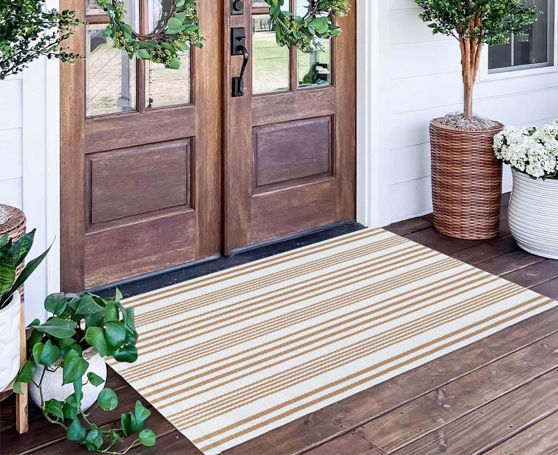 BUAGETUP Khaki and White Striped Outdoor Rug 24'' x 51'' Front Porch Rug Hand-Woven Machine Washable Indoor/Layered Door Mats for Entryway/Bedroom - Image 1