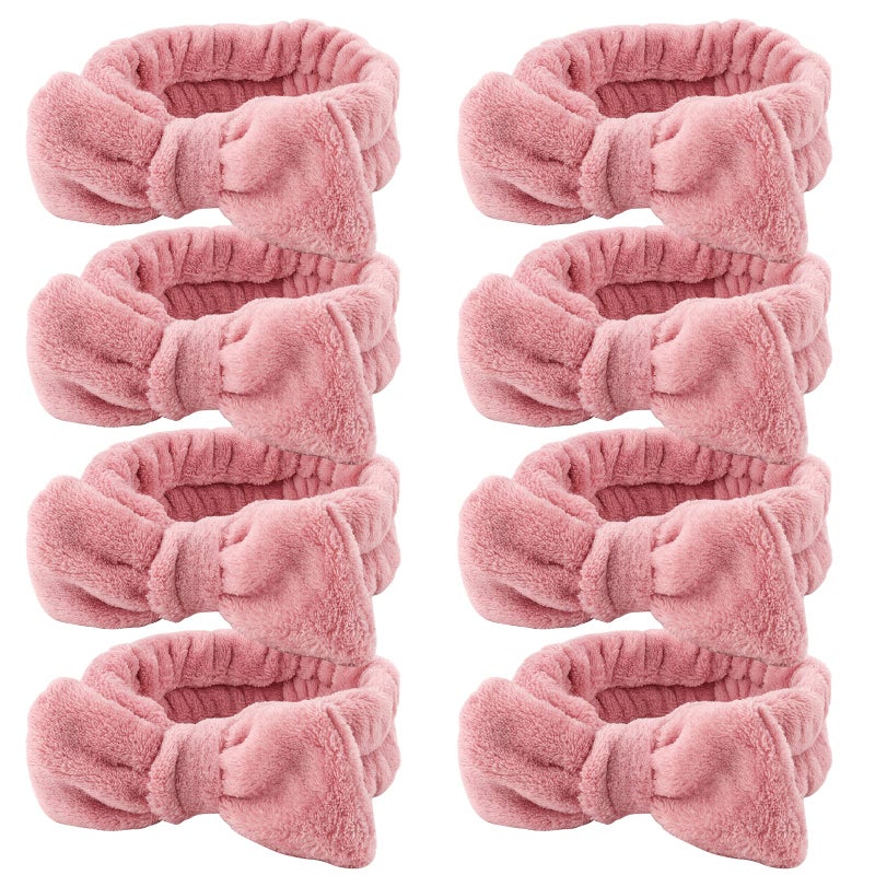 Ondder Spa Headband for Washing Face 8 Pack Dark Pink Skincare Headbands for Women Girls Terry Cloth Cute Bow Head Bands