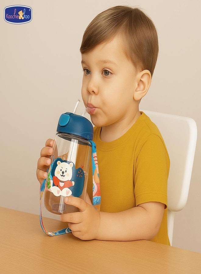 Koochie-Koo Water Bottle For School Kids 540ml – BPA-Free Leakproof Sipper Bottle with Straw Push Button Flip Lid Carry Strap Unbreakable Plastic Water Bottle for School Outdoor Travel Sports (Blue) - Image 2