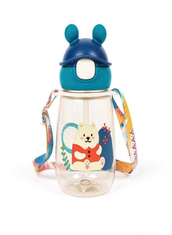 Koochie-Koo Water Bottle For School Kids 540ml – BPA-Free Leakproof Sipper Bottle with Straw Push Button Flip Lid Carry Strap Unbreakable Plastic Water Bottle for School Outdoor Travel Sports (Blue) - Image 1