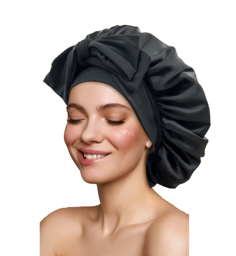 Gili Satin Silk Hair Bonnet for Sleeping Large Bonnets with Tie Band Wrap with Adjustable Straps Night Sleep Caps for Women Curly Braid Hair Hair Black - Image 2