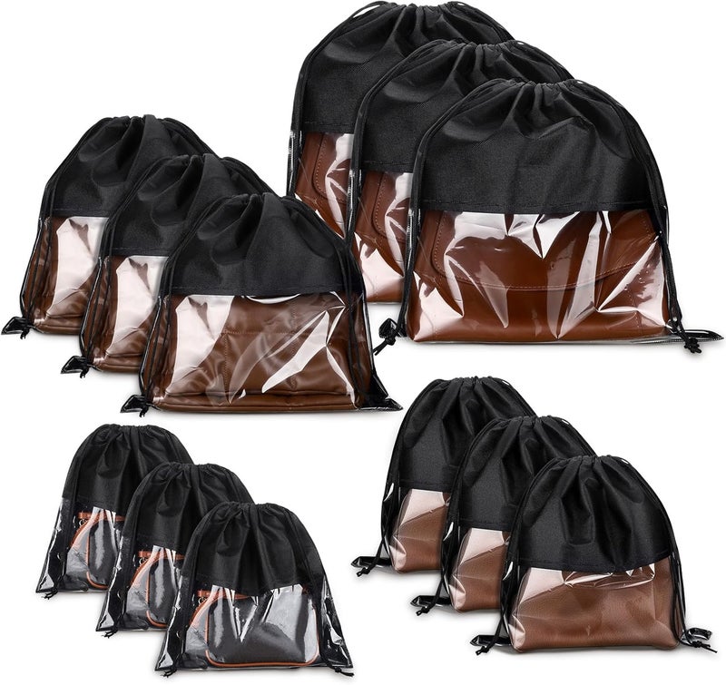 Shappy 12 Pcs Dustproof Drawstring Bags Dust Bags Covers Non Woven Fabric Cloth Storage Pouch String Dust Bags for Purse Handbags Packing Shoe Pouch Bag Organizer(Black,Assorted Sizes) - Image 1