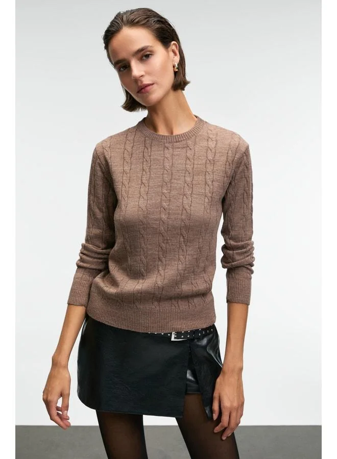 GRIMELANGE QUERIDA Women's Round Neck Hair-Braided Regular Fit Knit Brown Sweater.