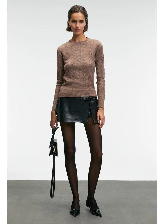 GRIMELANGE QUERIDA Women's Round Neck Hair-Braided Regular Fit Knit Brown Sweater.