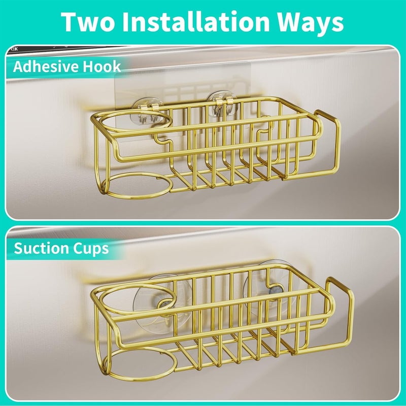 HapiRm Sponge Holder for Kitchen Sink, No Drill Kitchen Sink Caddy Organizer, Rustproof Dish Sponge Holder- Gold(8.73 * 3.54 * 2.36in) - Image 2