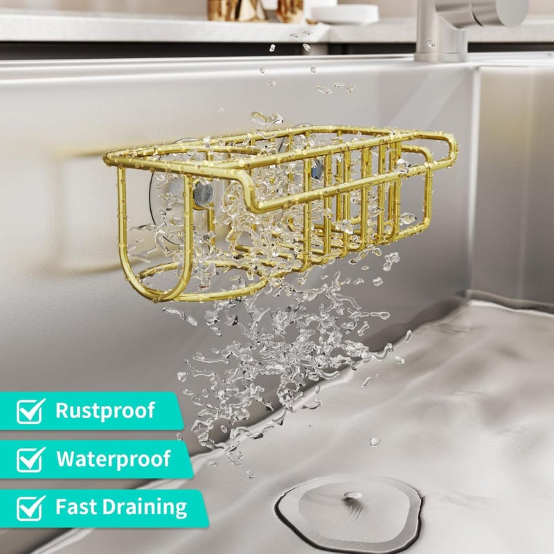 HapiRm Sponge Holder for Kitchen Sink, No Drill Kitchen Sink Caddy Organizer, Rustproof Dish Sponge Holder- Gold(8.73 * 3.54 * 2.36in) - Image 3
