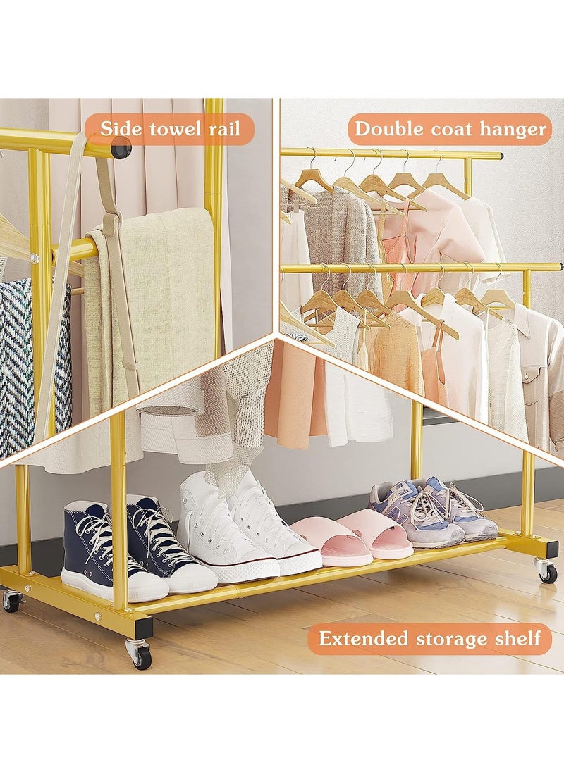 AIWANTO Clothes Rail Rack Double Metal Garment Rack for Bedroom Freestanding Rails on Wheels with Lower Storage Shelf for Home Gold 150x143x40cm  - Image 2