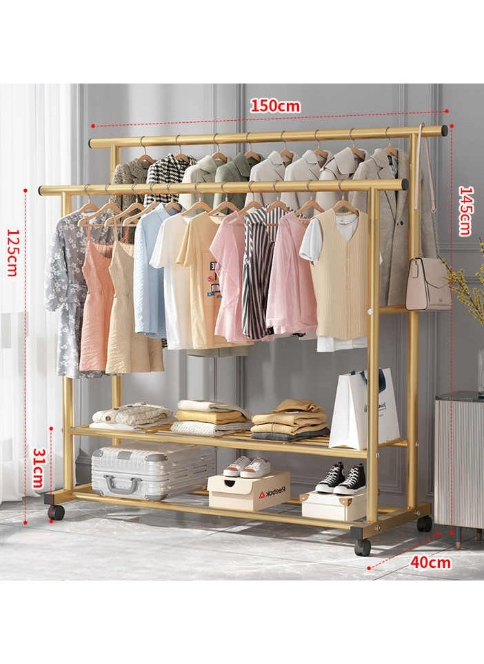 AIWANTO Clothes Rail Rack Double Metal Garment Rack for Bedroom Freestanding Rails on Wheels with Lower Storage Shelf for Home Gold 150x143x40cm  - Image 3