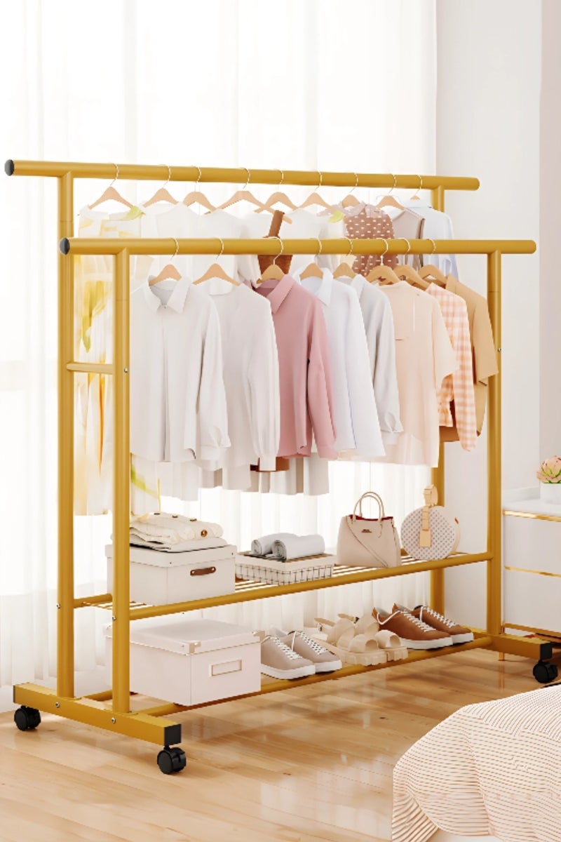 AIWANTO Clothes Rail Rack Double Metal Garment Rack for Bedroom Freestanding Rails on Wheels with Lower Storage Shelf for Home Gold 150x143x40cm - Image 1