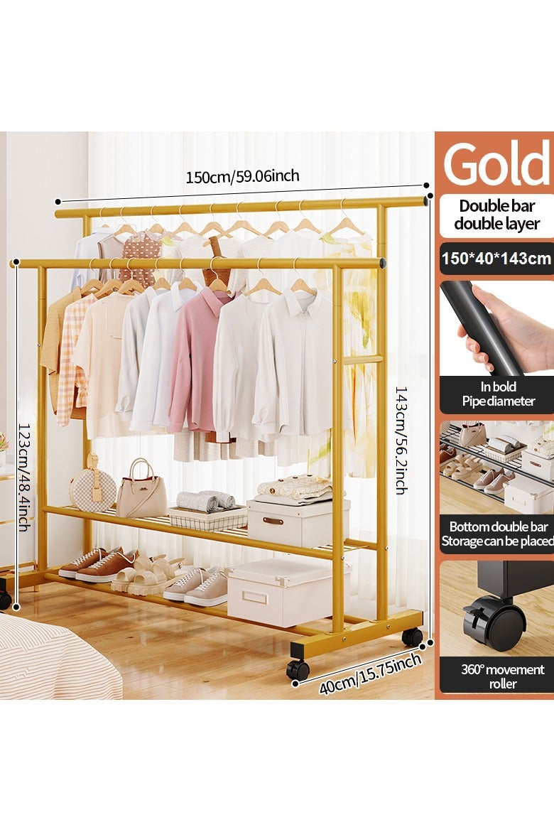 AIWANTO Clothes Rail Rack Double Metal Garment Rack for Bedroom Freestanding Rails on Wheels with Lower Storage Shelf for Home Gold 150x143x40cm - Image 4