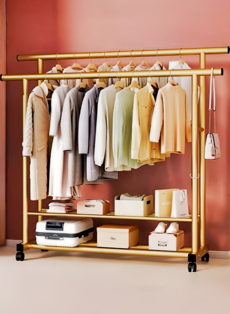 AIWANTO Clothes Rail Rack Double Metal Garment Rack for Bedroom Freestanding Rails on Wheels with Lower Storage Shelf for Home Gold 150x143x40cm - Image 2