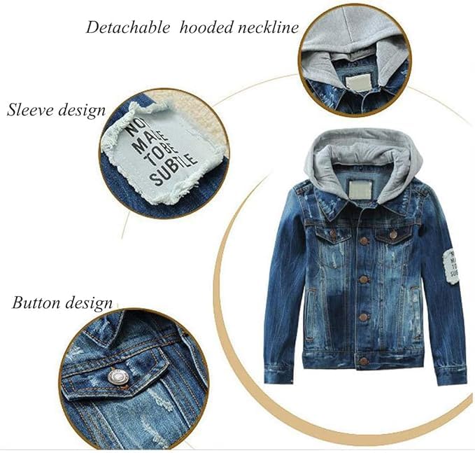 Mallimoda Kids Boys Girls Hooded Denim Jacket Zipper Coat Outerwear (9-10 Years, Style 4 Denim) - Image 5