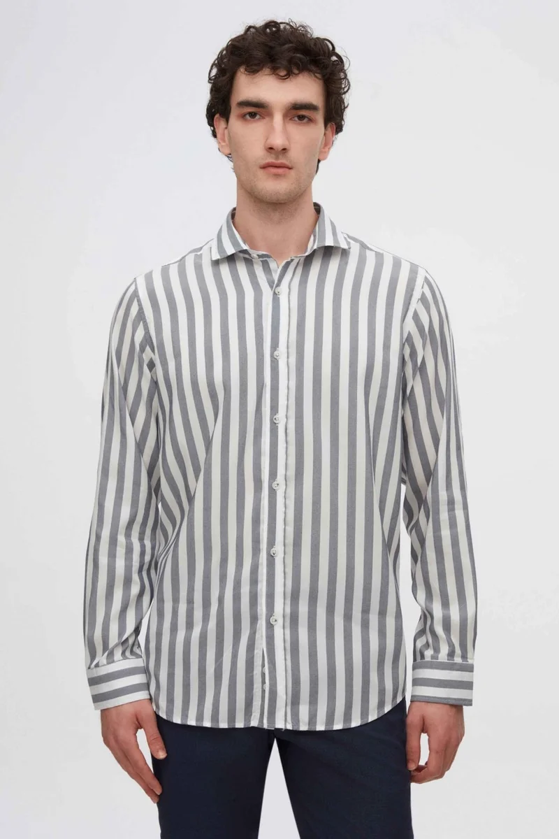 D'S DAMAT Comfort Navy Blue Striped Patterned Easy Iron Shirt 2HC02OY16327M