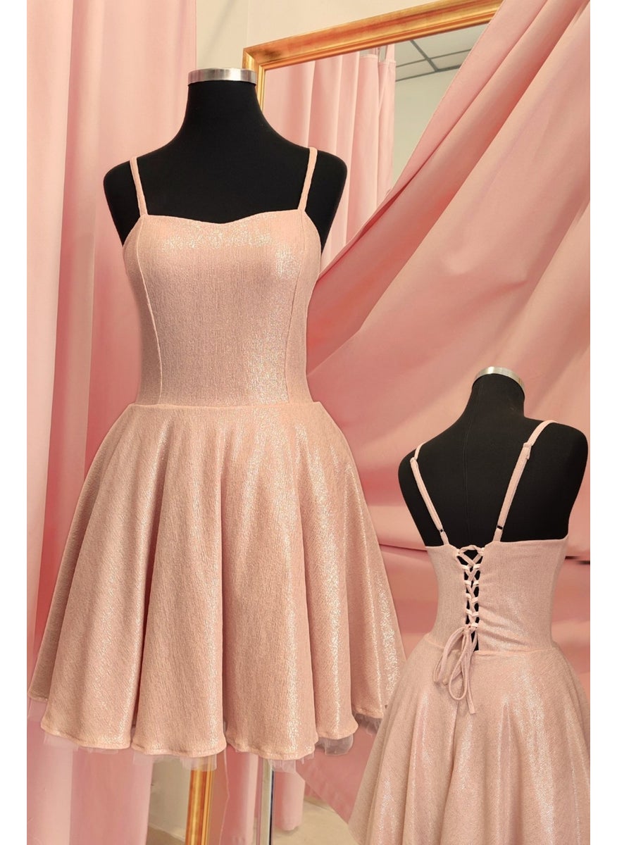 Due Stelle Skirt Embossed Adjustable Thin Straps Shiny Powder Evening Dress - Graduation Dress 