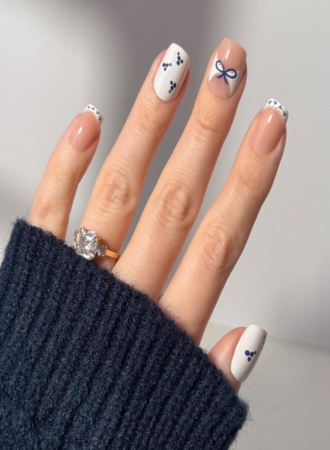 Glamnetic Press On Nails - Blue A Kiss | Short Squoval Fake Nails With Mixed Sheer & Solid Designs, Micro Blueberry and Scalloped Lace Accents | 15 Sizes - 30 Nail Kit with Glue - Image 1