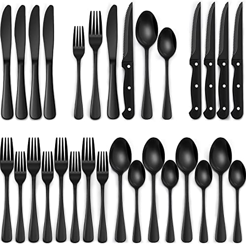 EWFEN 24-Piece Black Silverware Set with Steak Knives, Black Flatware Set for 4, Food-Grade Stainless Steel Tableware Cutlery Set, Mirror Finished Utensil Sets for Home Restaurant - Image 1