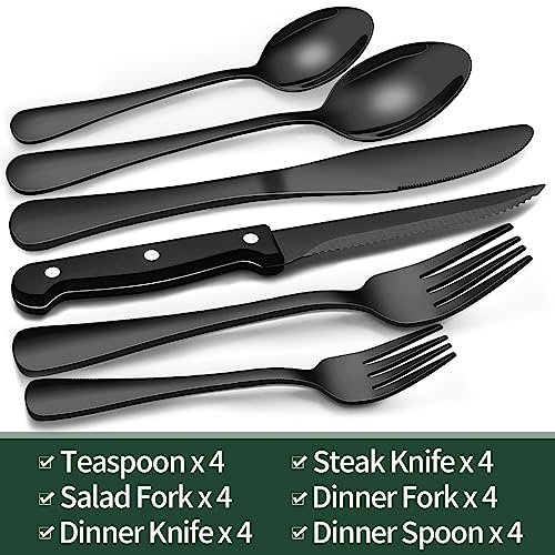 EWFEN 24-Piece Black Silverware Set with Steak Knives, Black Flatware Set for 4, Food-Grade Stainless Steel Tableware Cutlery Set, Mirror Finished Utensil Sets for Home Restaurant - Image 2