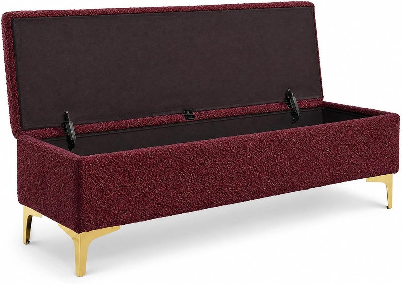 Modern Upholstered Boucle Storage Ottoman Bench with Golden Metal Legs - Red Wine - Image 5