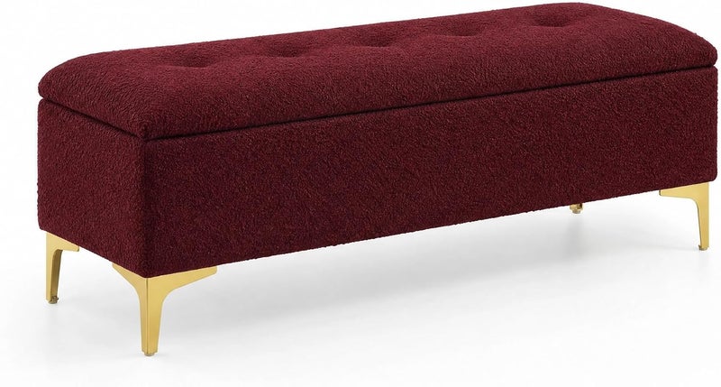 Modern Upholstered Boucle Storage Ottoman Bench with Golden Metal Legs - Red Wine - Image 1