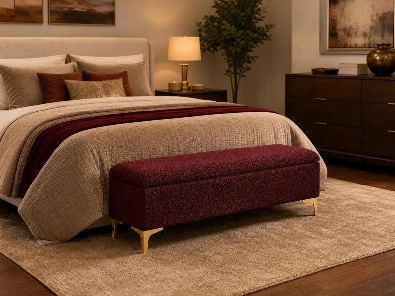 Modern Upholstered Boucle Storage Ottoman Bench with Golden Metal Legs - Red Wine - Image 2