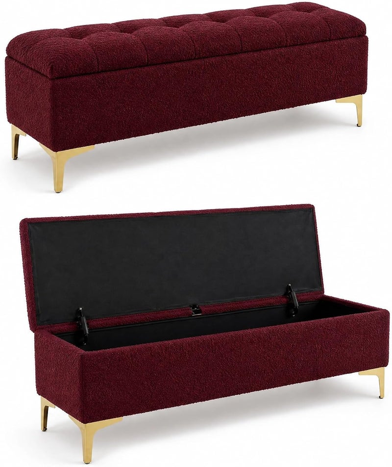 Modern Upholstered Boucle Storage Ottoman Bench with Golden Metal Legs - Red Wine - Image 4